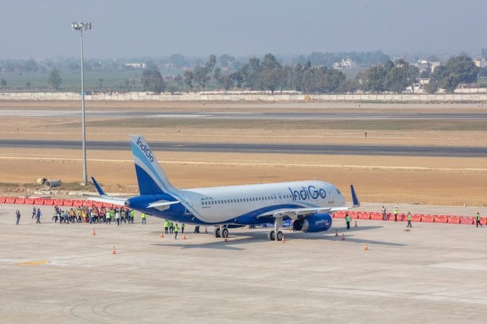 An IndiGo Airbus A-320 was employed to test the RNP and ILS approach procedures | Credit: Noida International Airport