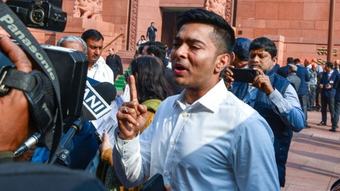 TMC MP Abhishek Banerjee speaking media at Parliament, Monday | ANI/Jitender Gupta