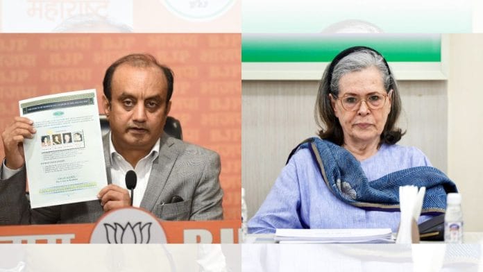 BJP national spokesperson Sudhanshu Trivedi and Sonia Gandhi | @SudhanshuTrived/ X and ANI