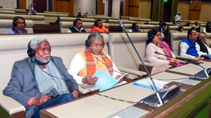 BJP MLAs Champai Soren and Babulal Marandi attend proceedings in the Jharkhand assembly earlier this month | Photo: ANI