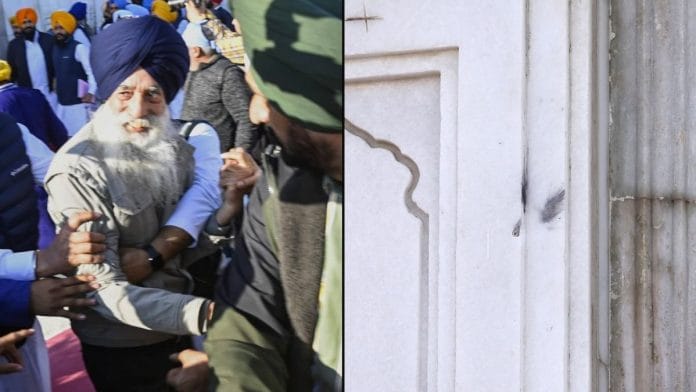 Narain Singh Chaura being detained after the shooting attempt (left) and the mark where the bullet hit the wall at the Golden Temple in Amritsar. | ANI