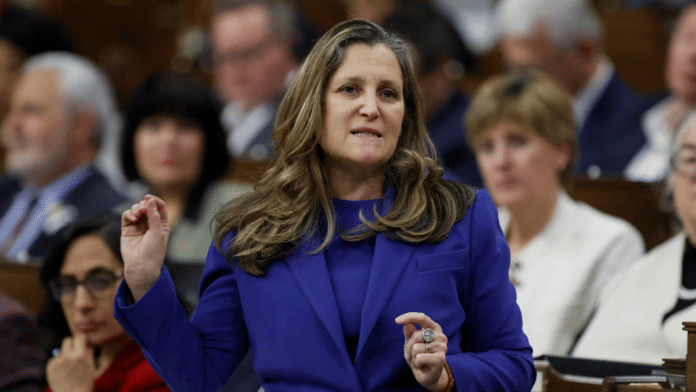 Canada's Deputy Prime Minister and Minister of Finance Chrystia Freeland speaks during Question Period in the House of Commons on Parliament Hill in Ottawa, Ontario, Canada on 3 December 2024. | Blair Gable | Reuters