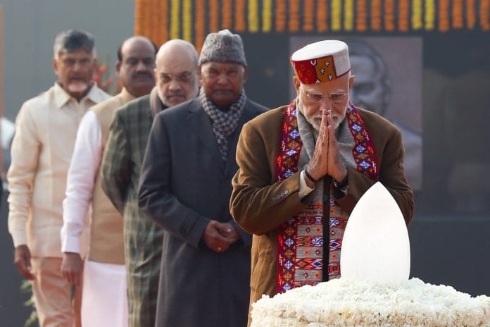 PM Modi, Former President Ramnath Kovind, HM Amit Shah, Lok Sabha speaker Om Birla, Andhra CM Chandrababu Naidu standing on a queue to pay homage to former Prime Minister Atal Bihari Vajpayee on his 100th birth anniversary | Photo: Suraj Singh Bisht | ThePrint