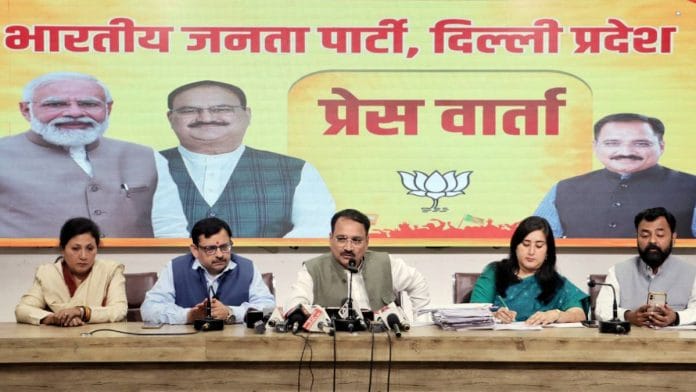 Delhi BJP president Virendra Sachdeva addresses a press conference in New Delhi Friday | Photo: ANI