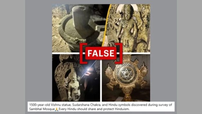 Social media posts shared four images of idols of Hindu gods, falsely claiming these were found during the Sambhal mosque survey. (Source: Facebook/Modified by Logically Facts)