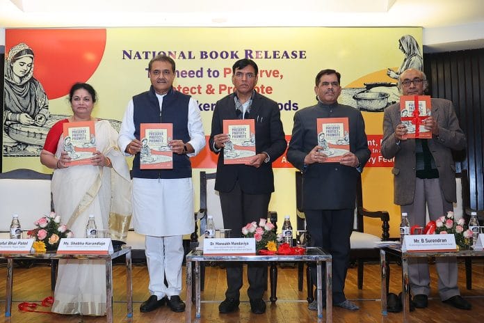 At the launch of the book ‘The Need to Preserve, Protect and Promote Beedi Workers Livelihoods’ at India International Centre, New Delhi. | @mansukhmandviya/ X