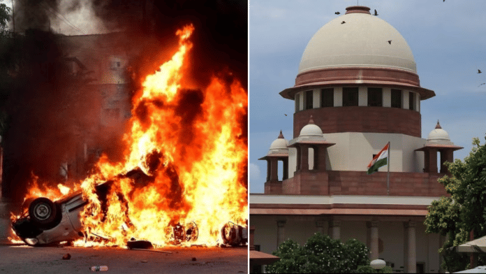 Car set on fire during ethnic classes in Manipur (left) & File photo of Indian Supreme Court (right) | Reuters/Manisha Mondal | ThePrint