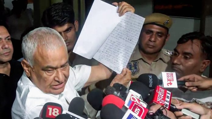 Kirodi Lal Meena speaks to the media on RPSC paper leak issue, in July this year | Photo: ANI