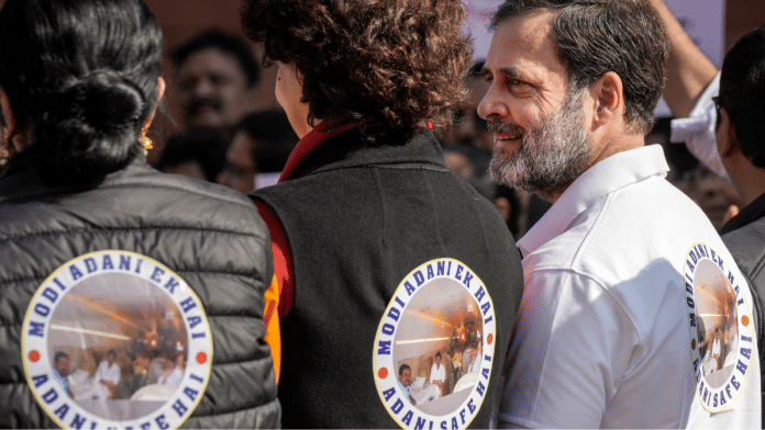 Leader of Opposition in the Lok Sabha Rahul Gandhi with Congress MP Priyanka Gandhi at a protest of opposition MPs during the Winter session of Parliament, in New Delhi, Thursday, on 5 December 2024. | Vijay Verma | PTI