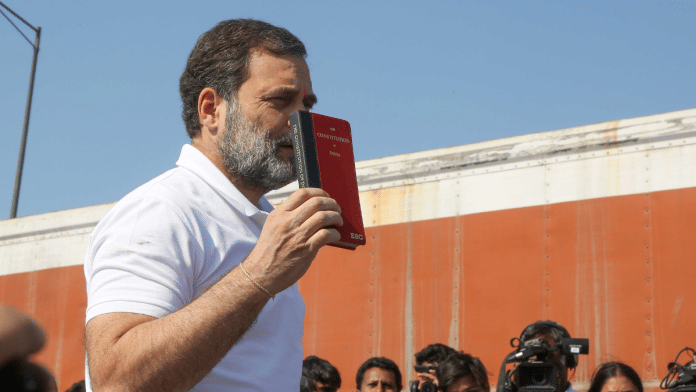 Congress Leader Rahul Gandhi at the Ghazipur border holding the Constitution | Suraj Singh Bisht | ThePrint