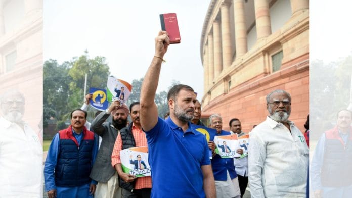 Rahul Gandhi during a protest in the Parliament premises against Amit Shah's Ambedkar comments | ANI