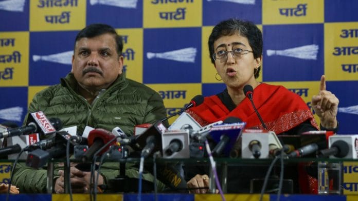 AAP's Sanjay Singh and Delhi CM Atishi addressing press conference in New Delhi, Thursday | Suraj Singh Bisht | ThePrint