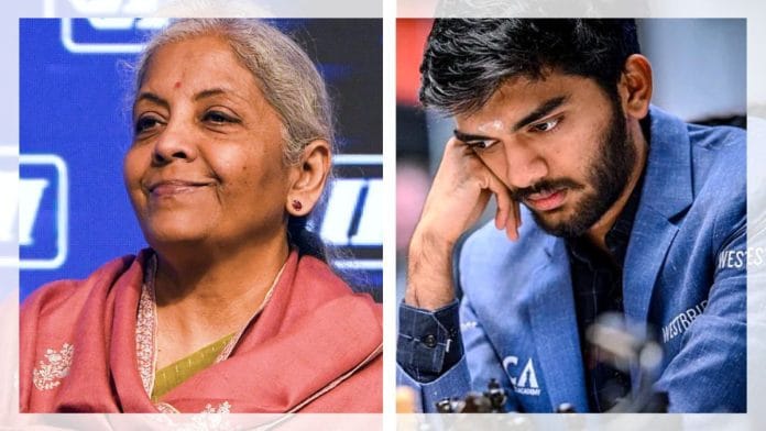 Nirmala Sitharaman and D Gukesh | ANI