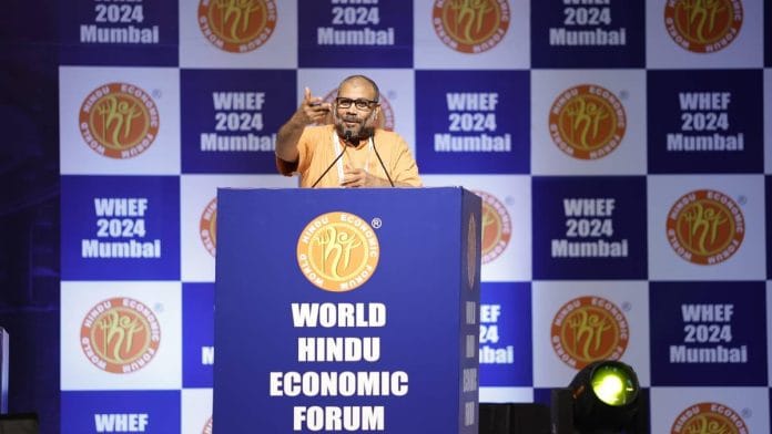 Swami Vigyananda speaks at World Hindu Economic Forum 2024 in Mumbai Friday | Photo: WHEF