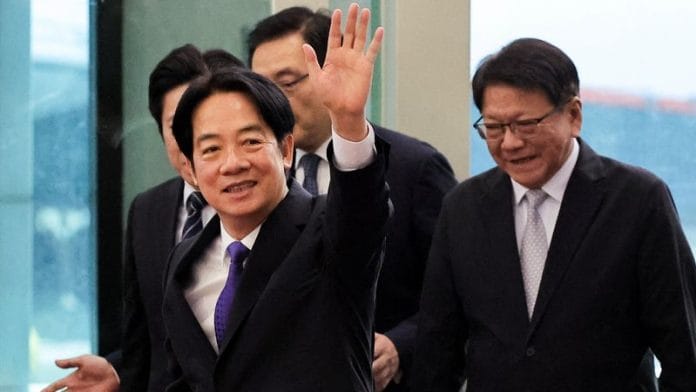 Taiwan President Lai Ching-te waves as he leaves for a trip to Hawaii, Guam and the Pacific Island allies at the airport in Taoyuan, Taiwan | File Photo | Reuters/Ann Wang