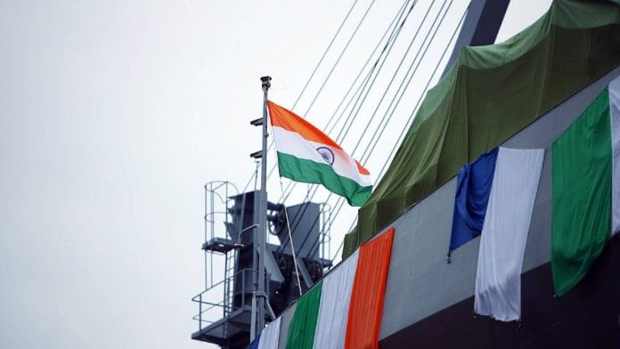 The Indian flag flying atop Tushil during its launch ceremony at Yantar shipyard in Russia’s Kaliningrad in October 2021 | Photo: ANI
