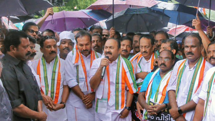File photo of Leader of Opposition of Kerala Assembly and Congress leader V D Satheesan (centre) at a protest | ANI