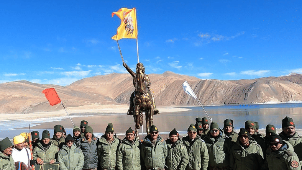 The statue of Chhatrapati Shivaji Maharaj was inaugurated on the banks of Pangong Tso on 26 December | X/@firefurycorps