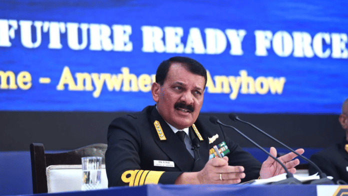 Indian Navy chief Admiral Dinesh Kumar Tripathi addresses the annual Navy Day press conference in New Delhi on Monday | ThePrint Photos