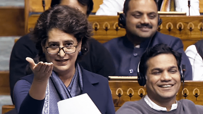 Congress MP Priyanka Gandhi Vadra speaks in the Lok Sabha during the Winter Session of Parliament, in New Delhi on Friday. ANI/Sansad TV