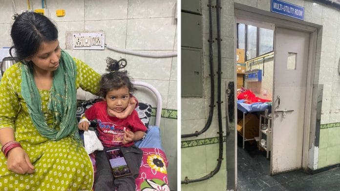 Khusboo and her 4-year-old daughter at the paediatric ward of Kalawati Saran Children's Hospital (left) A child recovering in a multi-utility room at Kalawati as paediatric wards are overcrowded (right) | Udit Hinduja | ThePrint