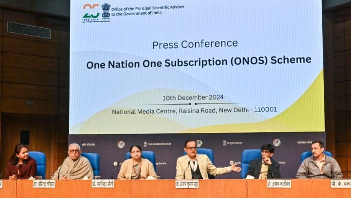 Ajay Sood, Principal Scientific Adviser; Abhay Karandikar, Secretary, Department of Science and Technology; Parvinder Maini, Scientific Secretary to Principle Scientific Advisor and others during a press conference on 'One Nation, One Subscription' (ONOS) scheme in New Delhi 10 December | ANI