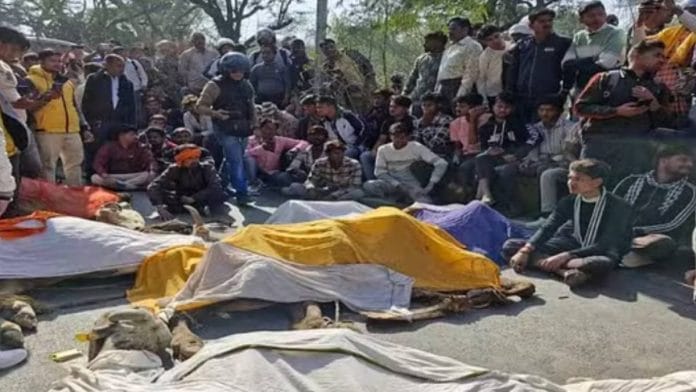 Locals and protesters surround the cow carcasses found in a forest | Photo: Amir Qureshi/ThePrint
