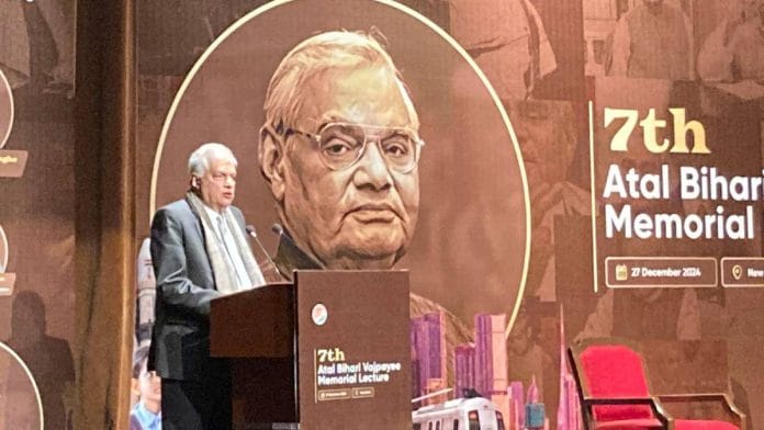 Former Sri Lankan president Ranil Wickremesinghe speaks at the 7th Atal Bihari Vajpayee Memorial Lecture in New Delhi Friday | Photo: Keshav Padmanabhan/ThePrint