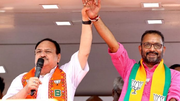 BJP President JP Nadda and the party’s Kerala state president K Surendran at a rally | ANI
