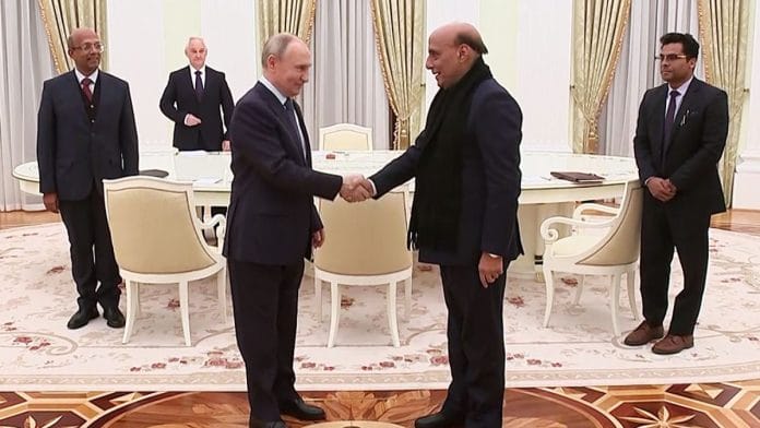 Russian President Vladimir Putin with India’s defence minister Rajnath Singh | ANI