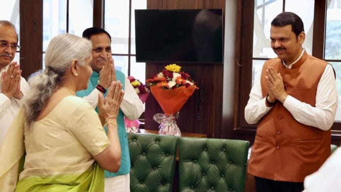 Devendra Fadnavis greets Union minister Nirmala Sitharaman during the BJP Core Committee Meeting at the Vidhan Bhavan, Mumbai.| @Dev_Fadnavis/X