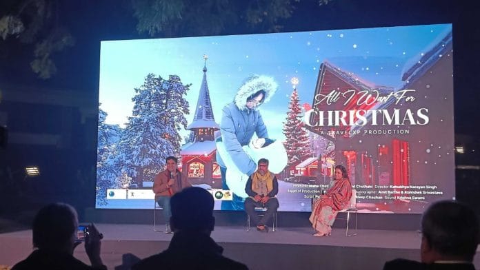 Director Kamakhya Narayan Singh, Travelxp co-founder Nisha Chothani with film critic Murtaza Ali Khan discussing the making of the documentary at the Finland Embassy | Photo: Krishan Murari/ThePrint