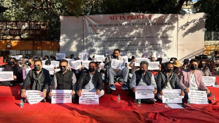 The ten Kuki MLAs, including 7 from the ruling BJP, held a silent sit-in protest at Jantar Mantar Tuesday, wearing masks to demonstrate how their voices have been muted | By special arrangement