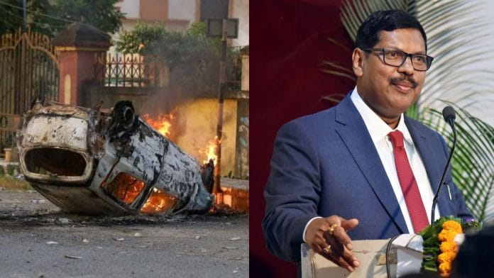 File photo of violence in Manipur (Suraj Singh Bisht, ThePrint) and Justice B.R. Gavai (ANI)