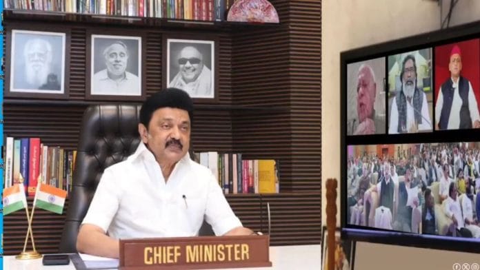 Tamil Nadu CM MK Stalin virtually participating in the All India Federation for Social Justice Tuesday. | @mkstalin/X
