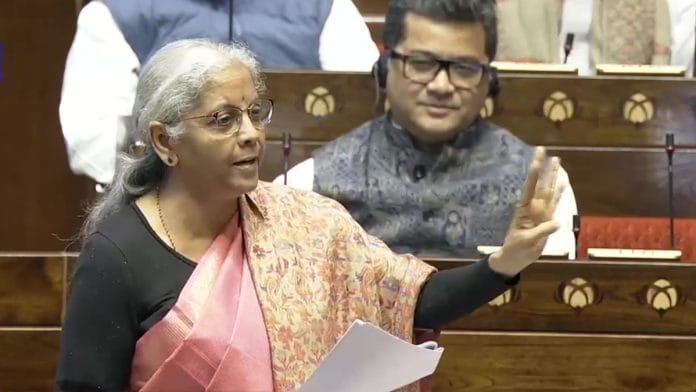 Finance Minister Nirmala Sitharaman speaking in Rajya Sabha Monday | ANI