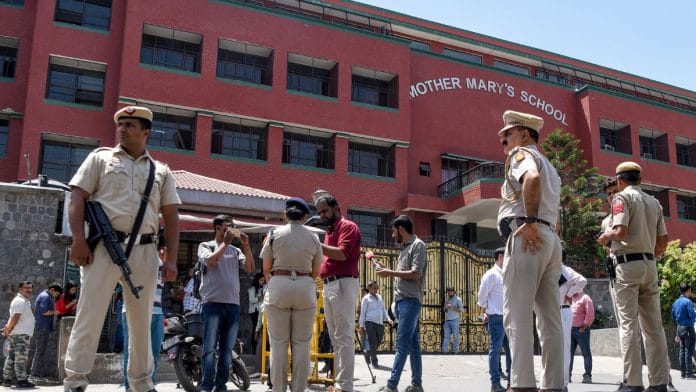 Police personnel outside a Delhi school after bomb threats | File Photo | ANI