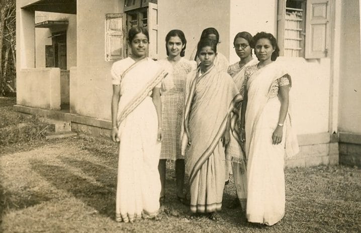 Group photo in front of Old Girls Hostel, IISc, 1946