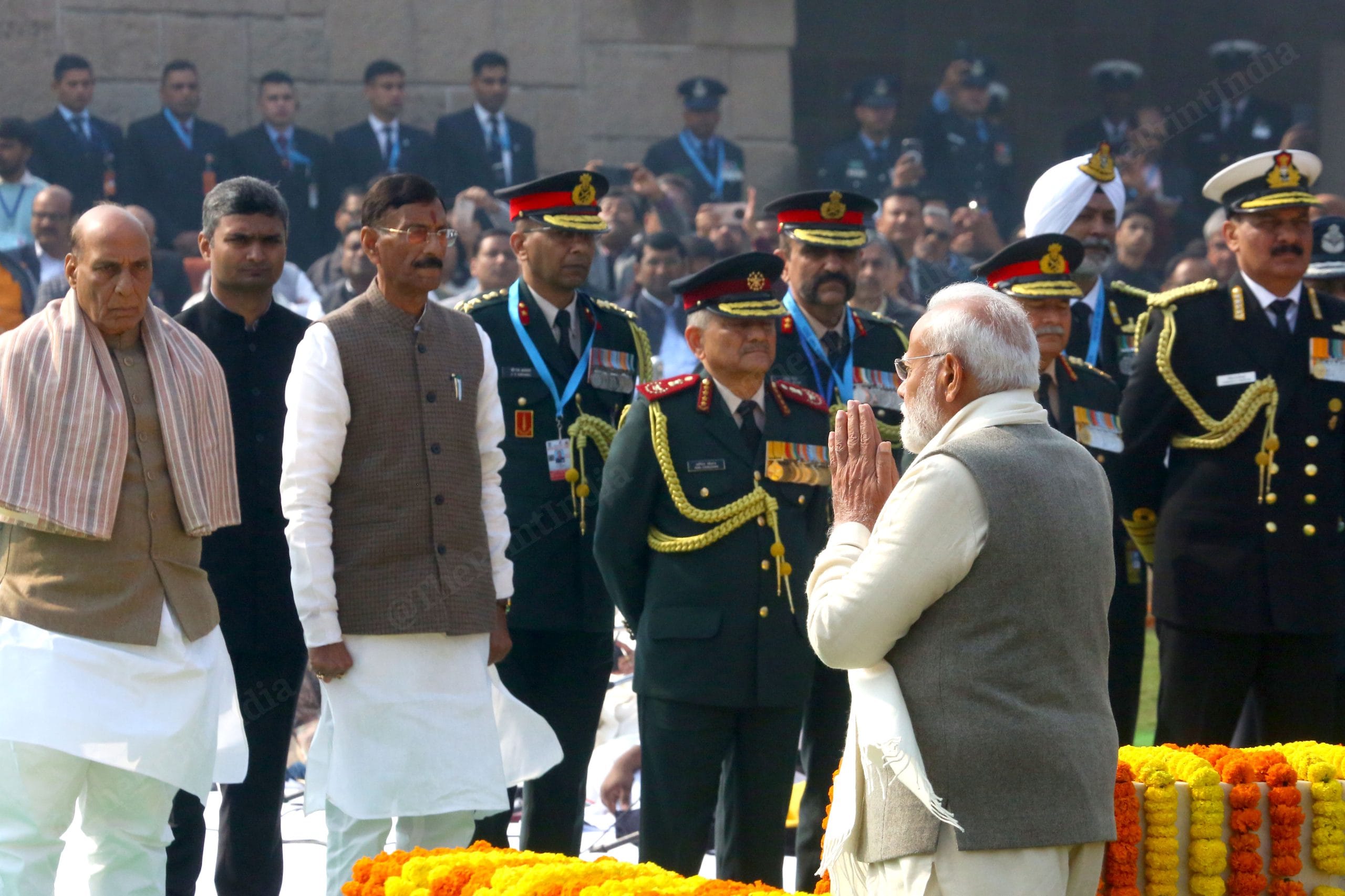 From left to right: Defence Minister Rajnath Singh, Minister of State in the Ministry of Defence Sanjay Seth, CDS General Anil Chauhan, Chief of the Army Staff General Upendra Dwivedi, Air Chief Marshal A.P. Singh, and Admiral Dinesh Kumar Tripathi stand as PM Modi pays homage | Photo: Praveen Jain | ThePrint
