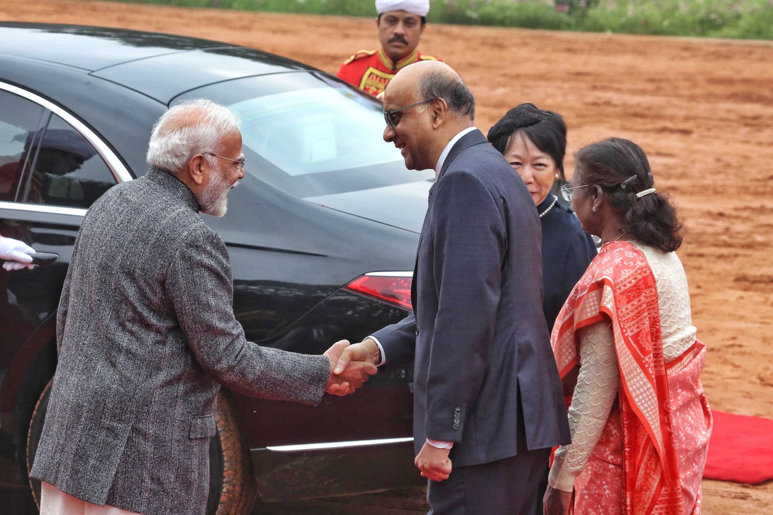 Tharman Shanmugaratnam President of Singapore with his wife welcomed by President Droupadi Murmu and Prime Minister Narendra Modi at Ceremonial Reception at Rashtrapati Bhawan | ThePrint Photo by Praveen Jain