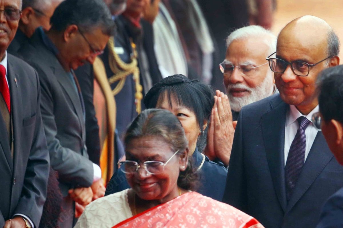 Singaporean President Shanmugaratnam and First lady Jane Yumiko Ittogi with Indian President Murmu and PM Modi at Rashtrapati Bhavan | Praveen Jain | ThePrint