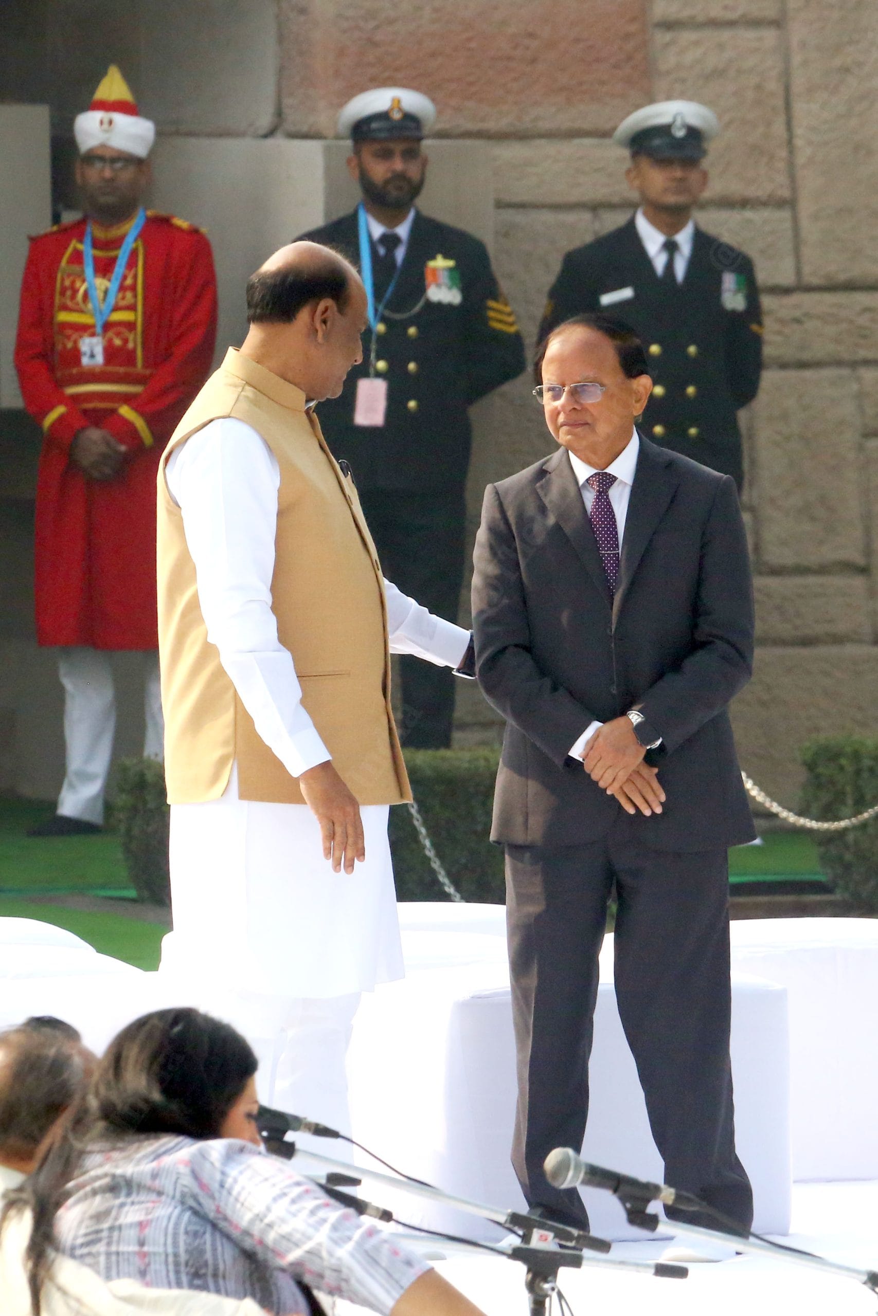 Speaker of the Lok Sabha Om Birla and Principal Secretary to the Prime Minister of India Pramod Kumar Mishra speak as other guests arrive | Photo: Praveen Jain | ThePrint