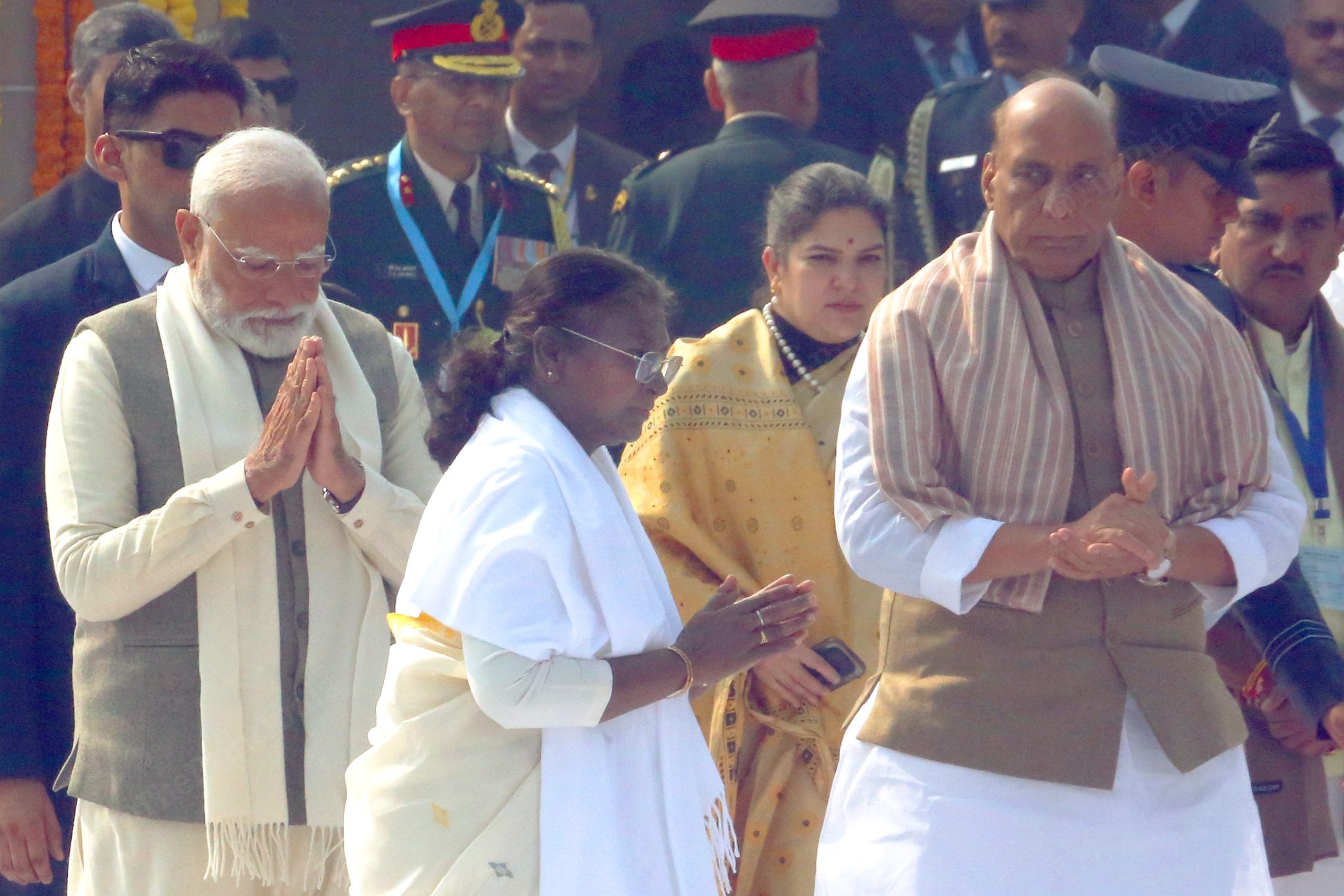 PM Modi and Rajnath SIngh greet President Droupadi Murmu as she arrives to pay homage | Photo: Praveen Jain | ThePrint