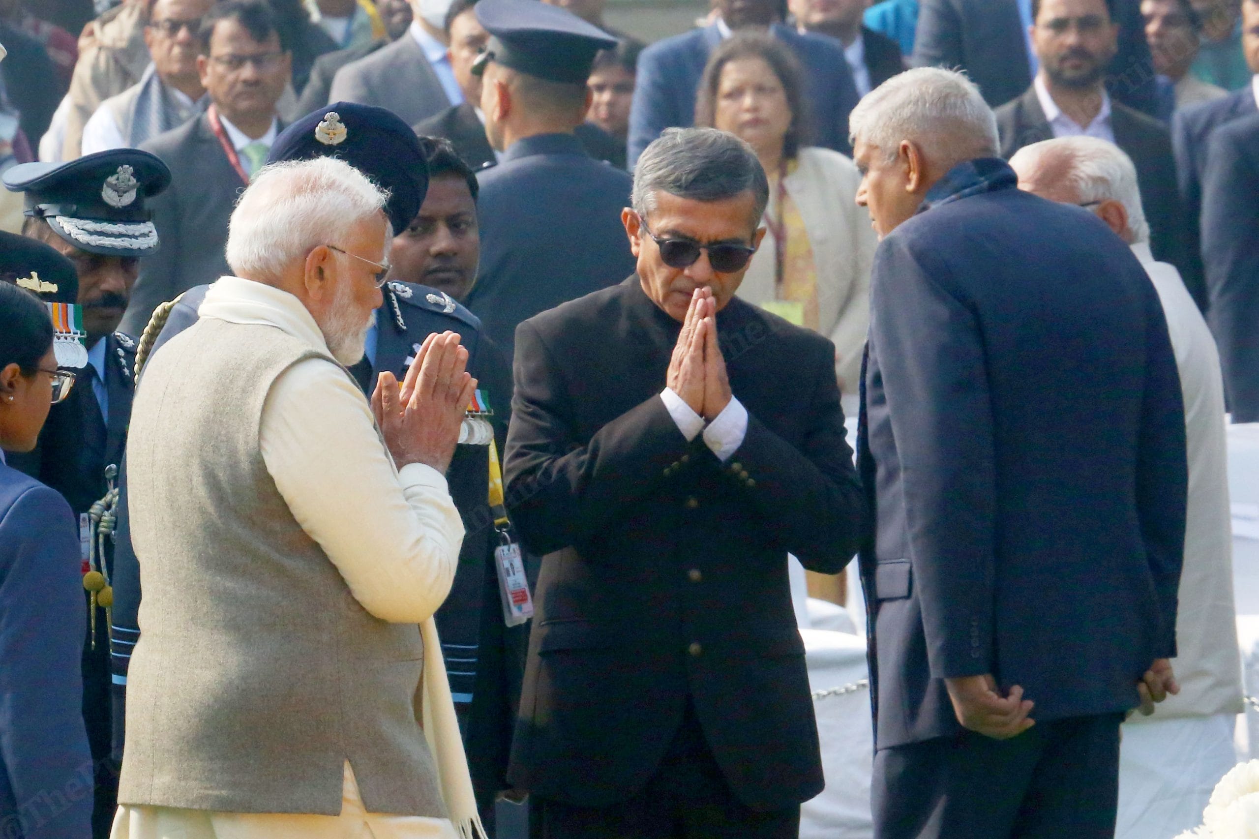 Defence Secretary Rajesh Kumar Singh greets PM Modi and Vice President Jagdeep Dhankar | Photo: Praveen Jain | ThePrint