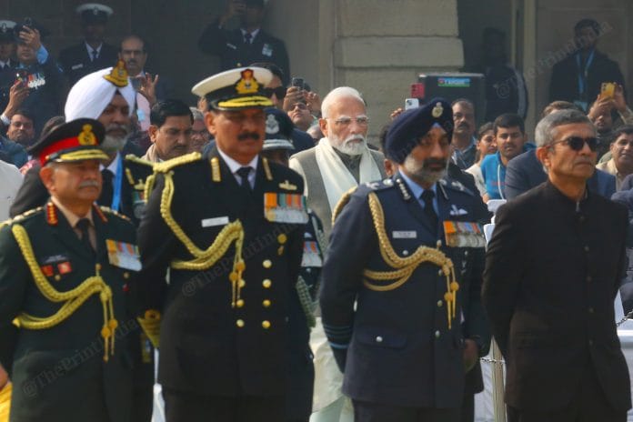 CDS Anil Chauhan, army, navy and air force chief General Upendra Dwivedi, Air Chief Marshal AP Singh and Admiral Dinesh K Tripathi prepare as PM Modi arrives tp pay homage | Photo: Praveen Jain | ThePrint