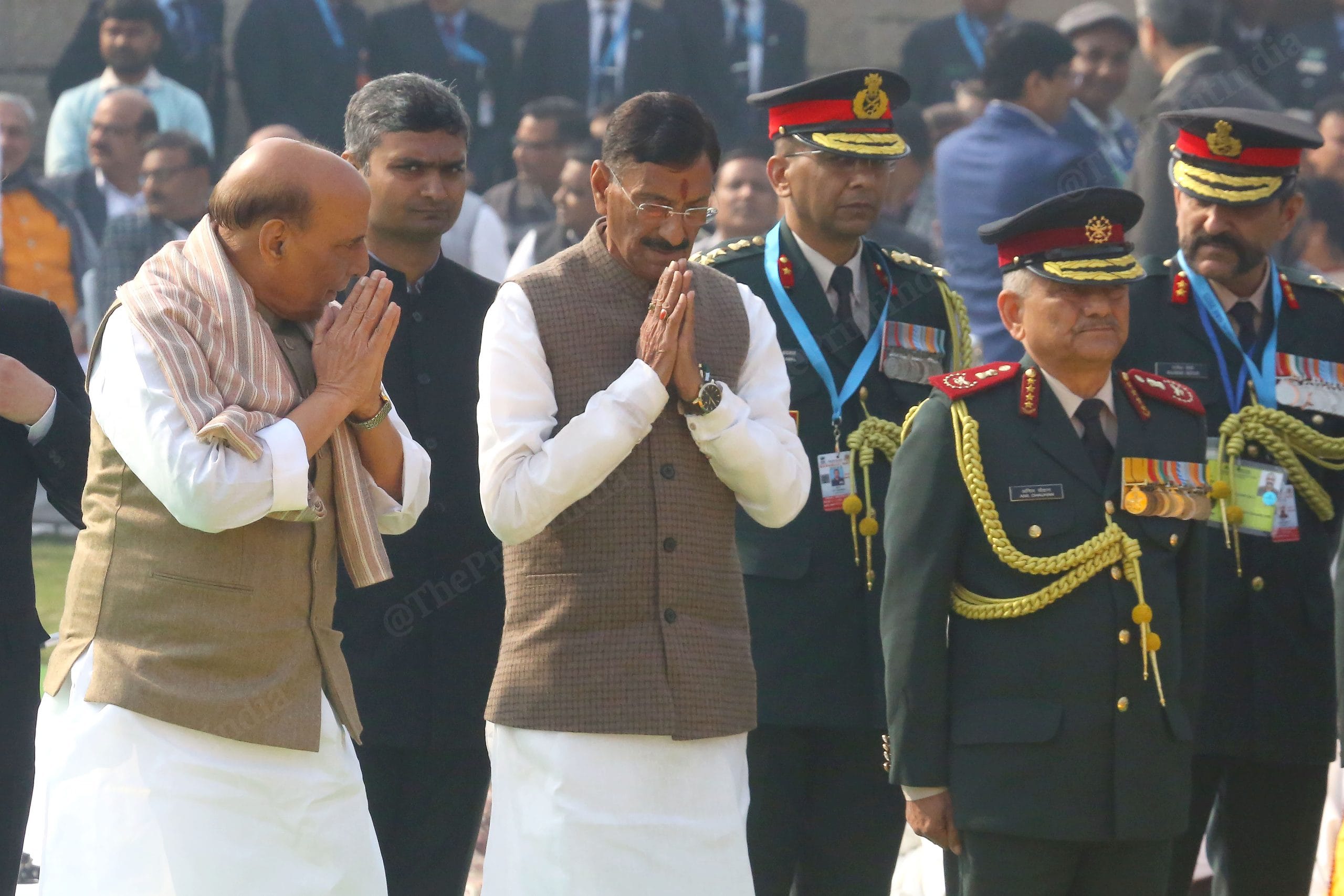Defence Minister Rajnath Singh, MoS Sanjay Seth and CDS General Anil Chauhan at Rajghat | Photo: Praveen Jain | ThePrint