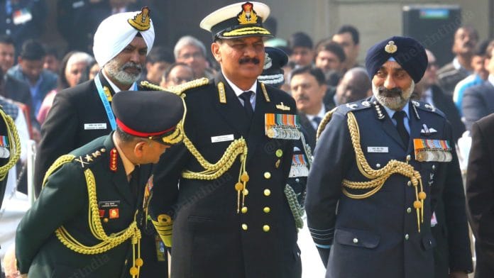 Chief of Army Staff General Upendra Dwivedi, Air Chief Marshal AP Singh, and Chief of Naval Staff Admiral Dinesh Kumar Tripathi | Photo: Praveen Jain | ThePrint