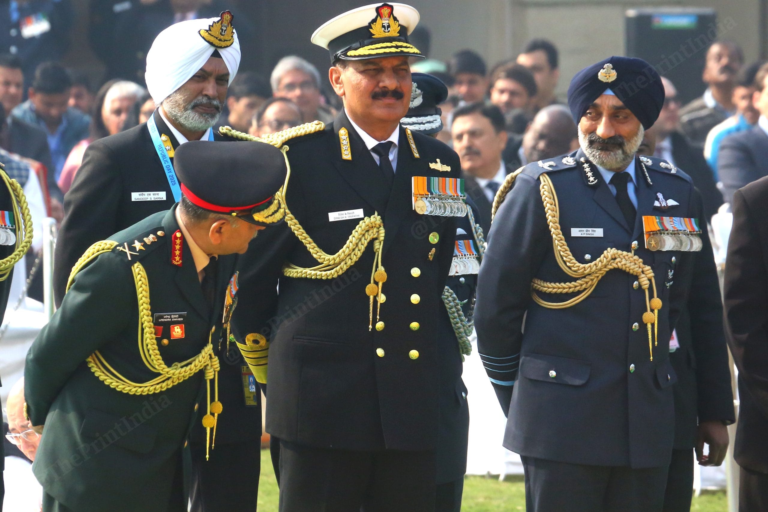From left to right: Chief of the Army Staff General Upendra Dwivedi, Admiral Dinesh Kumar Tripathi And Air Chief Marshal A.P. Singh stand as PM Modi pays homage | Photo: Praveen Jain | ThePrint