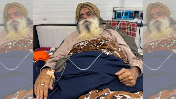 Farmer leader Jagjit Singh Dallewal, who has been on fast-unto-death, receives medical aid after the Centre announced to hold a meeting with Punjab's protesting farmers on 14 February in Chandigarh to discuss their demands, at Khanauri in Sangrur district of Punjab, Sunday/Photo: PTI