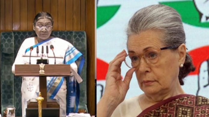 President Droupadi Murmu (L) and Congress leader Sonia Gandhi | File Photo | Sansad TV and ThePrint/Suraj Singh Bisht